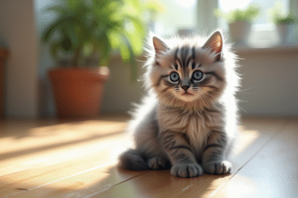 Chaton angora gris aux yeux bleus sur un sol en bois ensoleille
