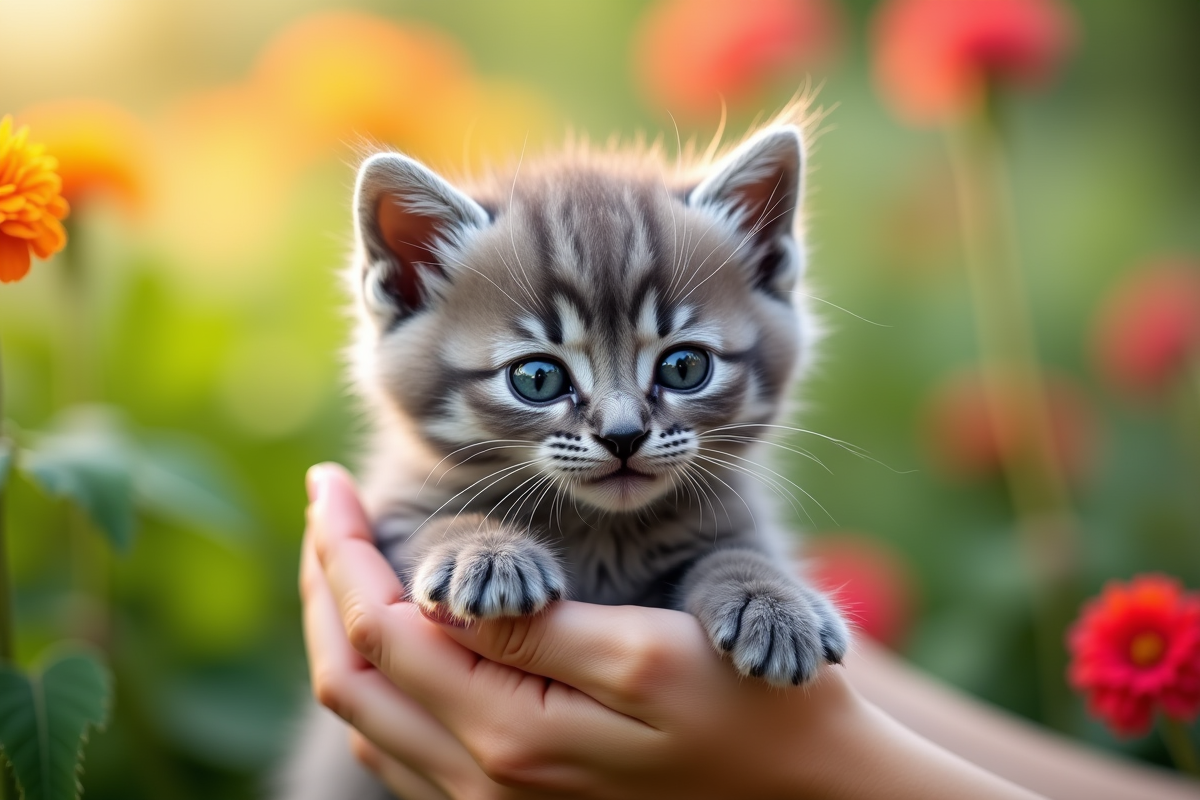 Chaton angora gris tenu dans les mains dans un jardin fleuri