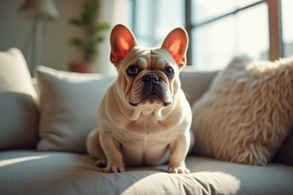 Bouledogue français fluffy dans un salon lumineux