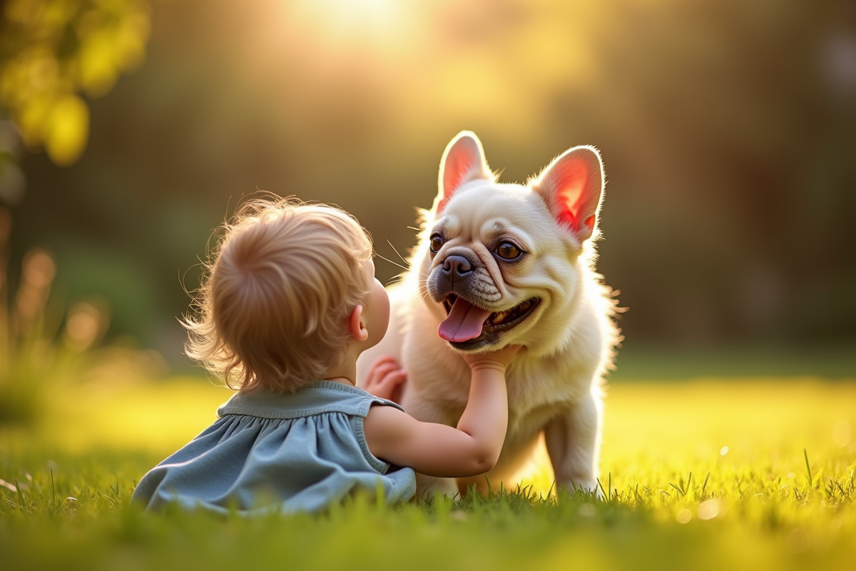 Bouledogue français jouant avec un enfant dans le jardin