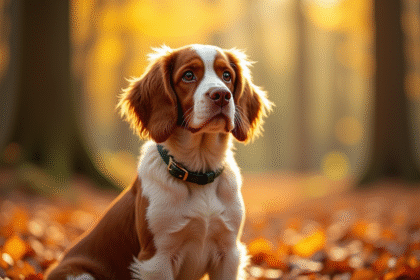 Brittany Spaniel assis dans une forêt automnale ensoleillée