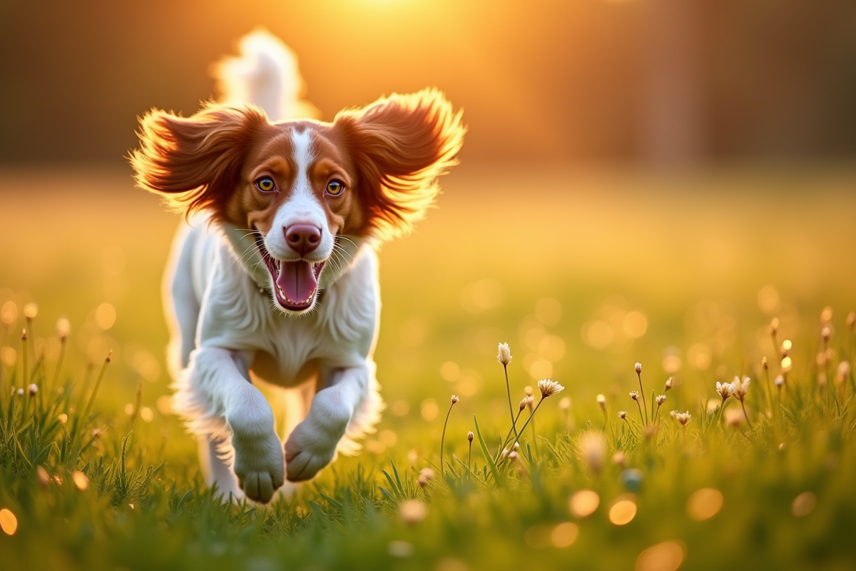 Brittany Spaniel courant dans un champ au lever du soleil