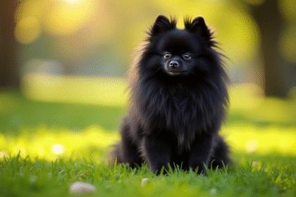 Pomeranian noir assis dans un parc ensoleille