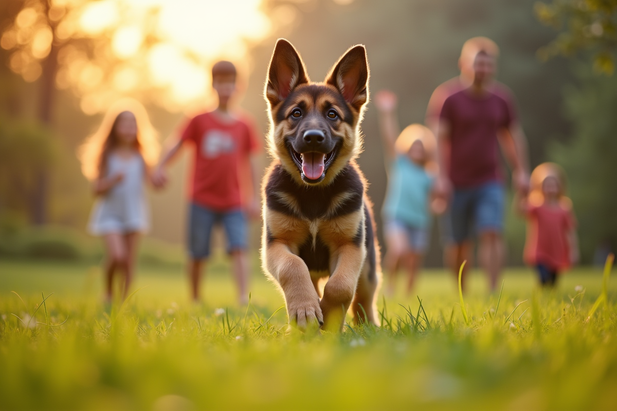 Chiot berger allemand jouant dehors avec sa famille