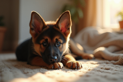 Jeune chiot berger allemand dans un salon lumineux
