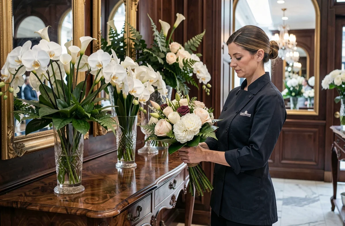 Intérieur luxueux de Christian Morel Fleuriste Paris avec des orchidées blanches et des lys calla dans des vases en cristal sur une console ancienne
