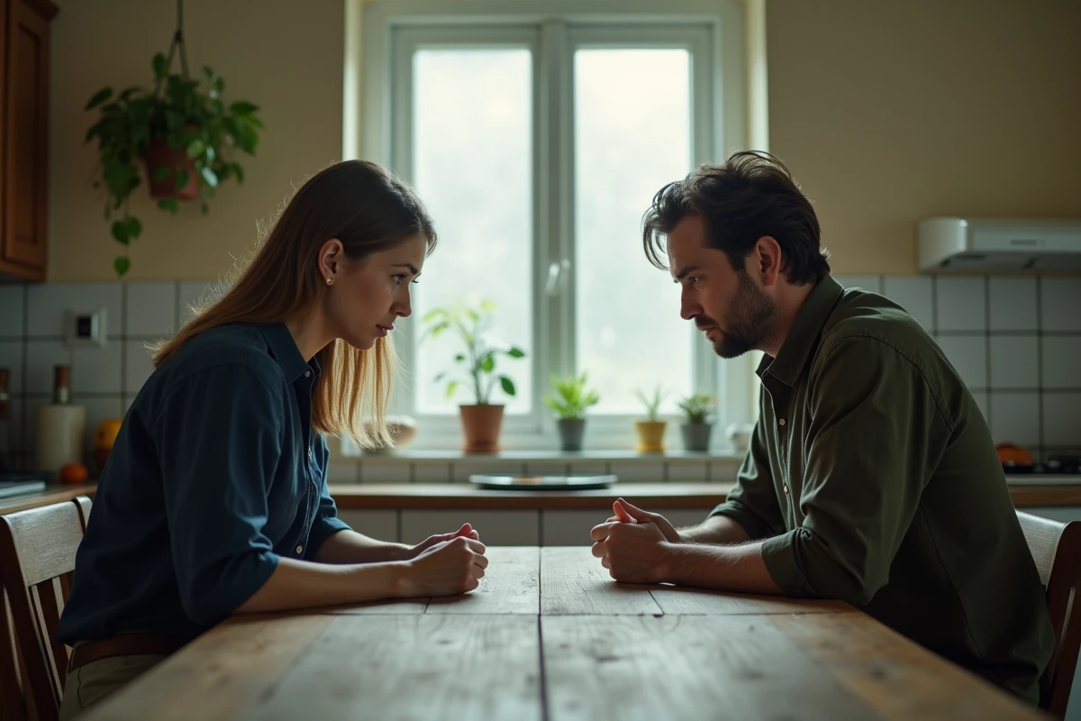 Couple en silence à une table de cuisine, exprimant la rupture de confiance et la trahison dans une relation amoureuse