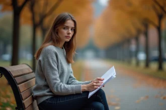 Femme seule sur un banc de parc tenant une lettre froissée, exprimant la trahison amoureuse et la tristesse