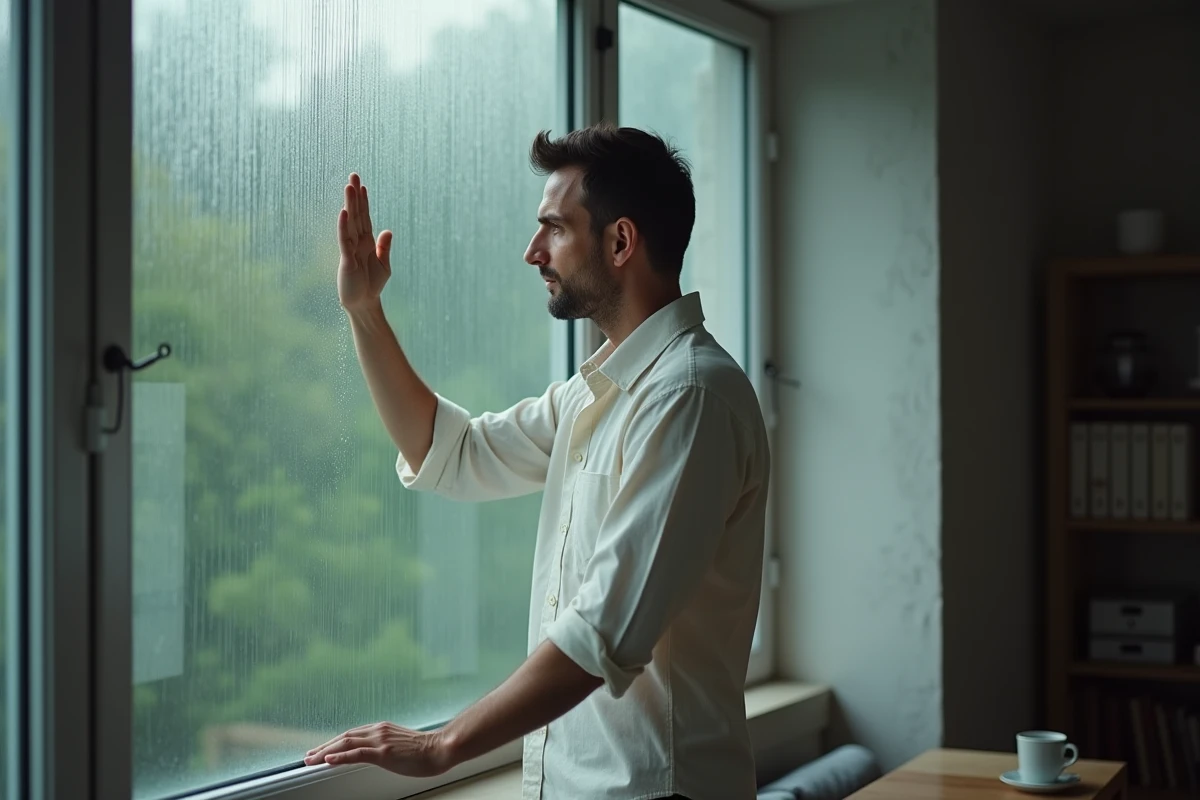 Homme pensif debout près d'une fenêtre pluvieuse dans un appartement minimaliste, illustrant la douleur de la trahison amoureuse