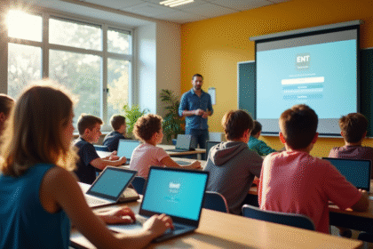 Salle de classe moderne avec élèves utilisant des tablettes et un écran ENT