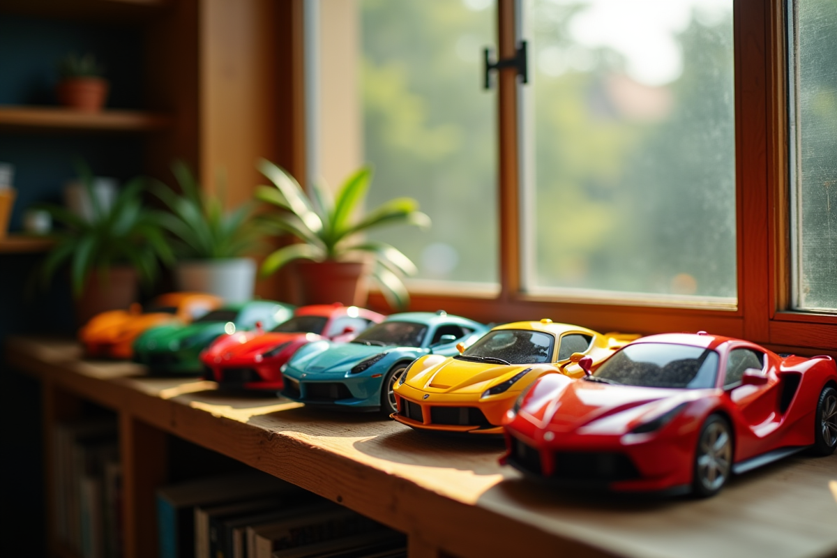 Collection de voitures jouets colorées sur étagère en lumière naturelle