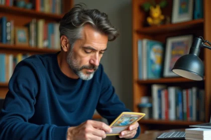 Collectionneur adulte examinant une carte Pokémon rare avec une loupe dans un bureau de collection organisé
