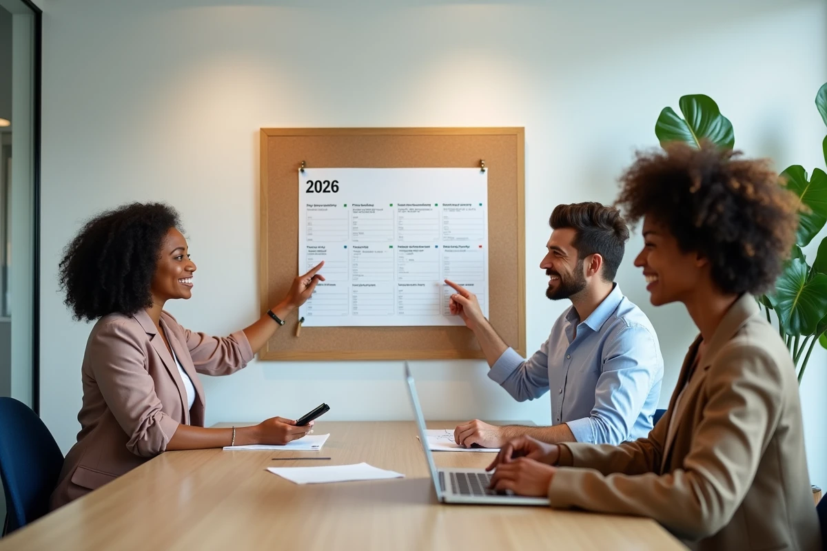 Groupe de collègues discutant des jours fériés et congés optimisés en 2026 devant un calendrier annuel affiché en salle de réunion