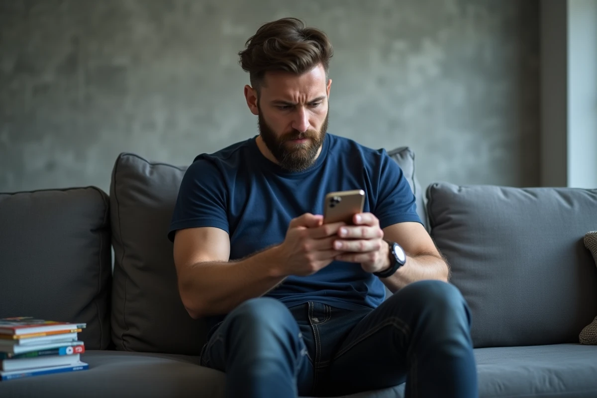 Homme comparant la qualité d'images de scan sur smartphone pour lire un webtoon