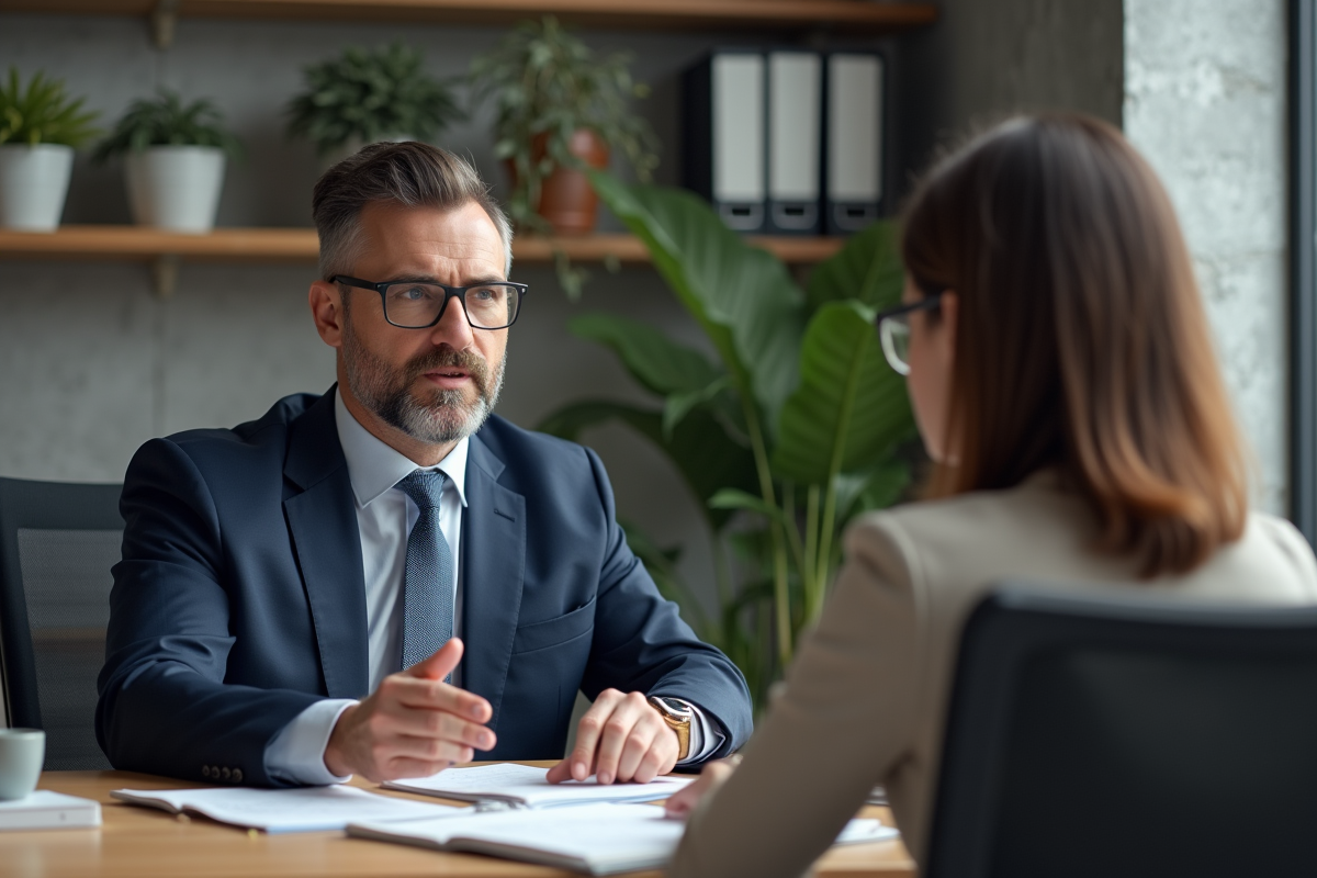Conseiller en prêt immobilier expliquant les taux à une cliente dans un bureau professionnel
