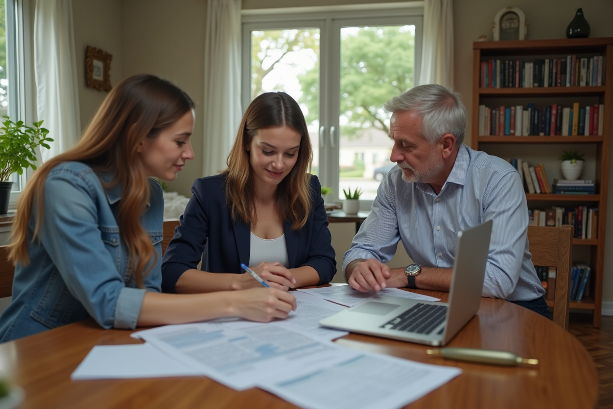 Jeune femme conseille un couple dans une maison chaleureuse