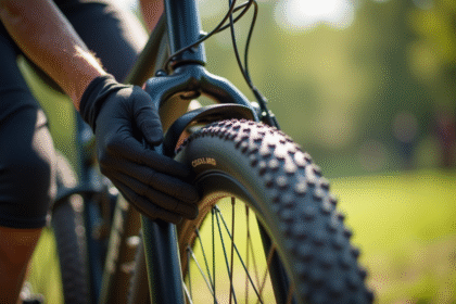 Vérification de la pression d'un pneu de VTT par un cycliste