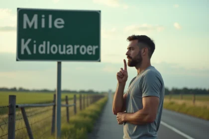 Homme en t-shirt gris effectuant mentalement la conversion miles en kilomètres devant un panneau routier