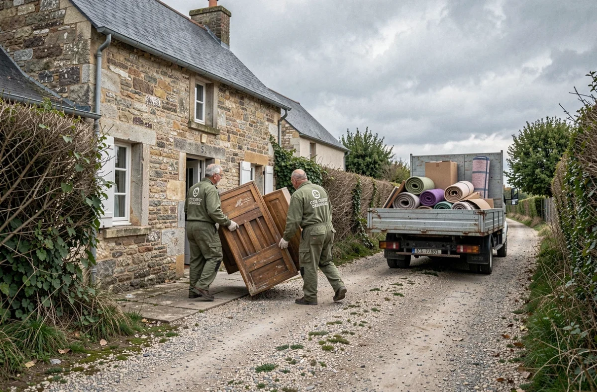 Deux agents de Cote Ouest Debarras évacuant des meubles anciens et des objets ménagers d'une maison en pierre rurale de Charente-Maritime vers un camion plateau