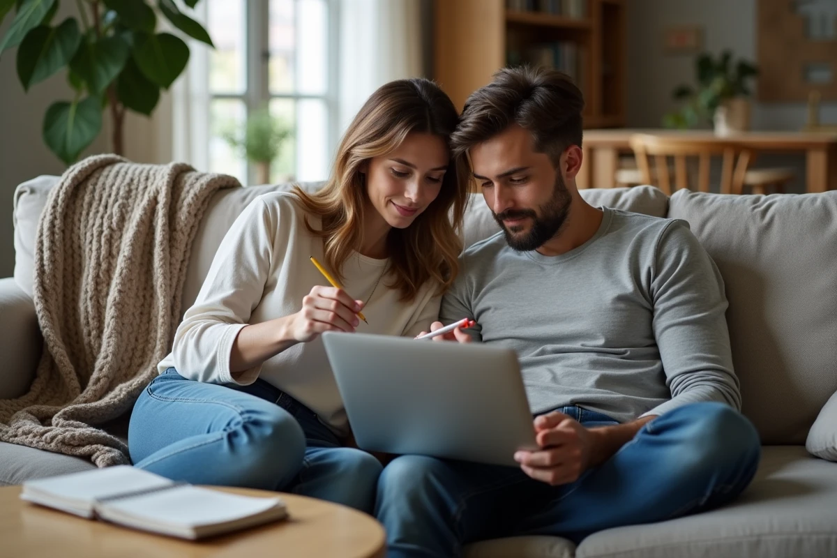 Couple résolvant ensemble le mot de passe CodyCross sur un ordinateur portable dans un salon moderne