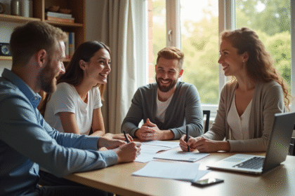 Jeune couple avec conseiller financier souriant pour un prêt immobilier
