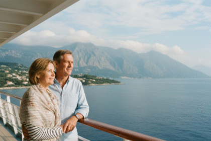 Couple souriant sur un bateau en mer avec montagnes en arrière-plan