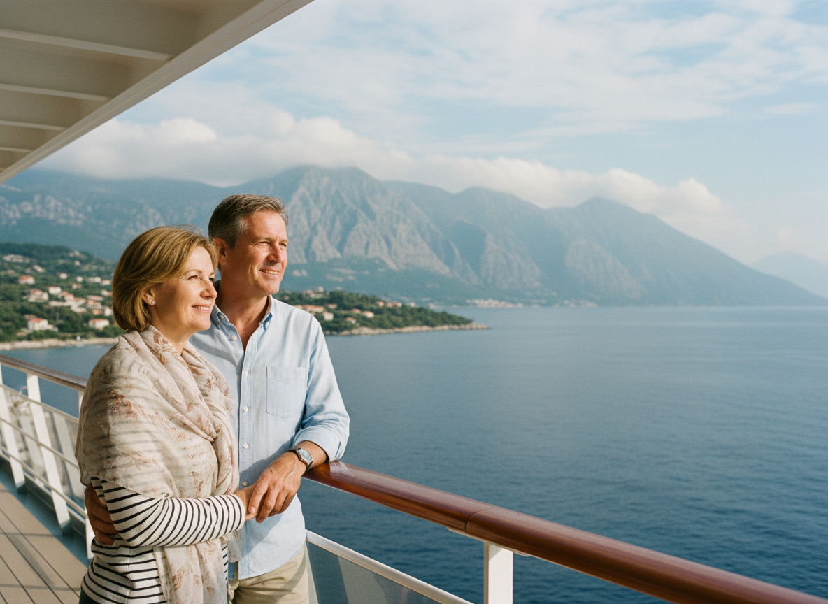 Couple souriant sur un bateau en mer avec montagnes en arrière-plan