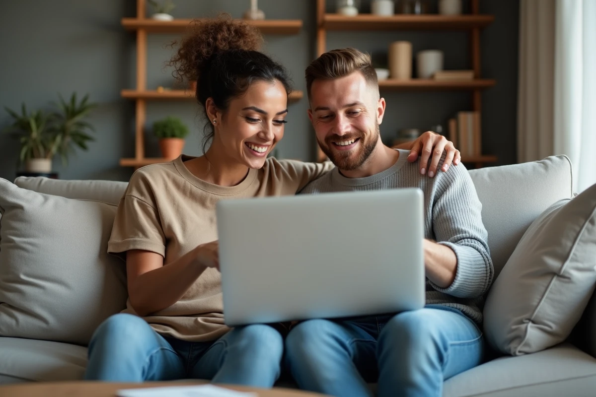 Couple découvrant ensemble comment gérer un compte sur un site de rencontre en ligne depuis leur salon