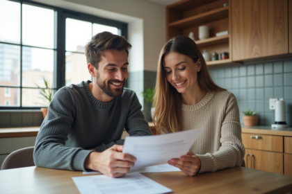 Jeune couple lisant des documents de prêt immobilier dans une cuisine moderne