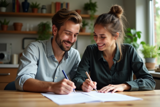 Jeune couple signant des papiers dans un appartement lumineux