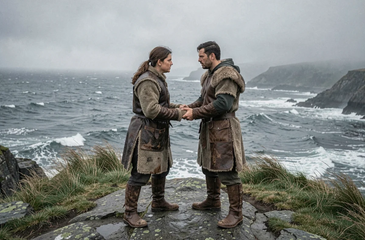 Couple viking en confrontation sur une falaise côtière nordique, symbolisant les passions et conflits dans une relation toxique