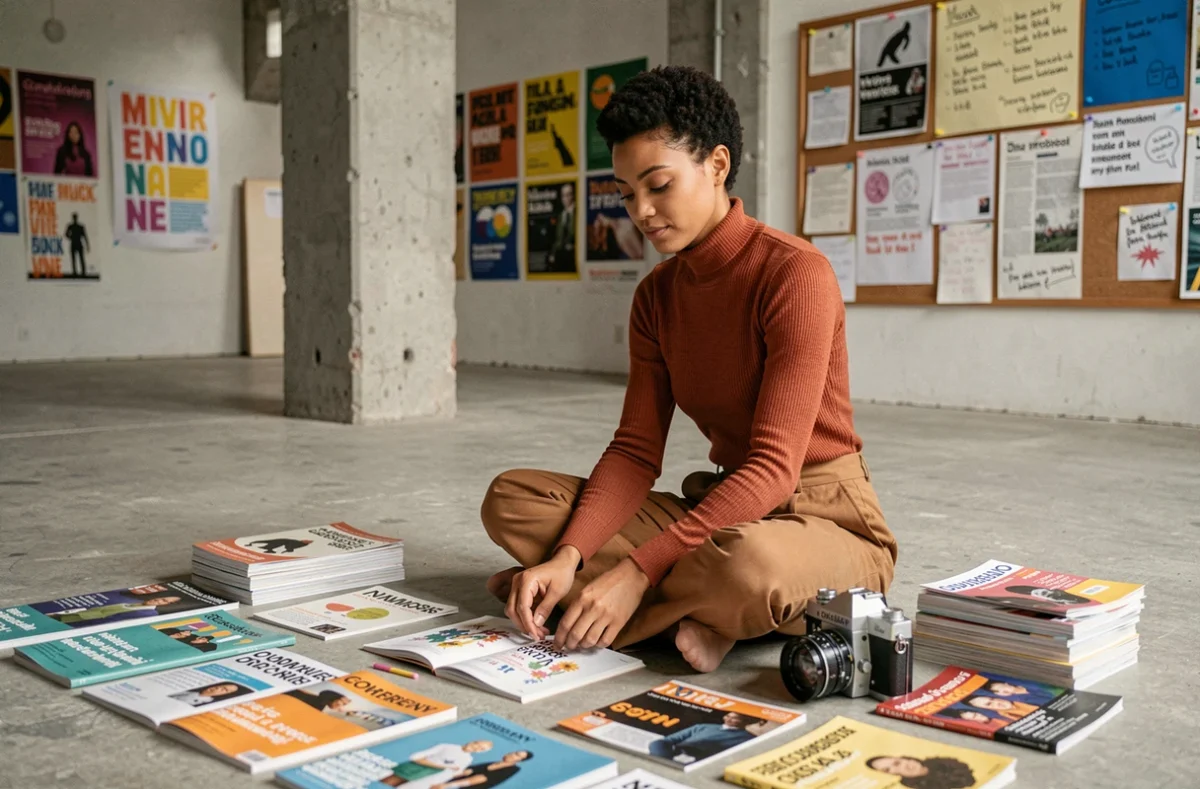 Jeune femme créatrice feuilletant un fanzine artisanal dans un espace culturel communautaire