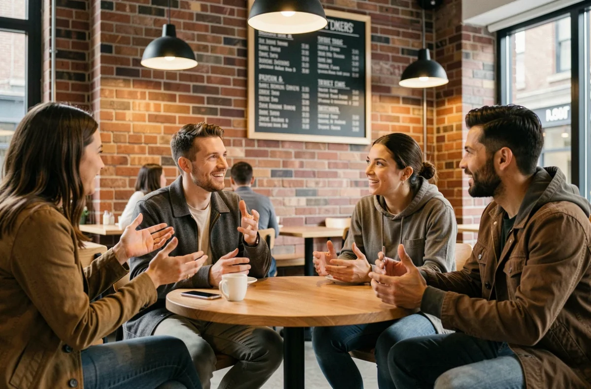 Groupe de personnes en discussion animée dans un café urbain, représentant le débat autour des erreurs de langage et du terme woke
