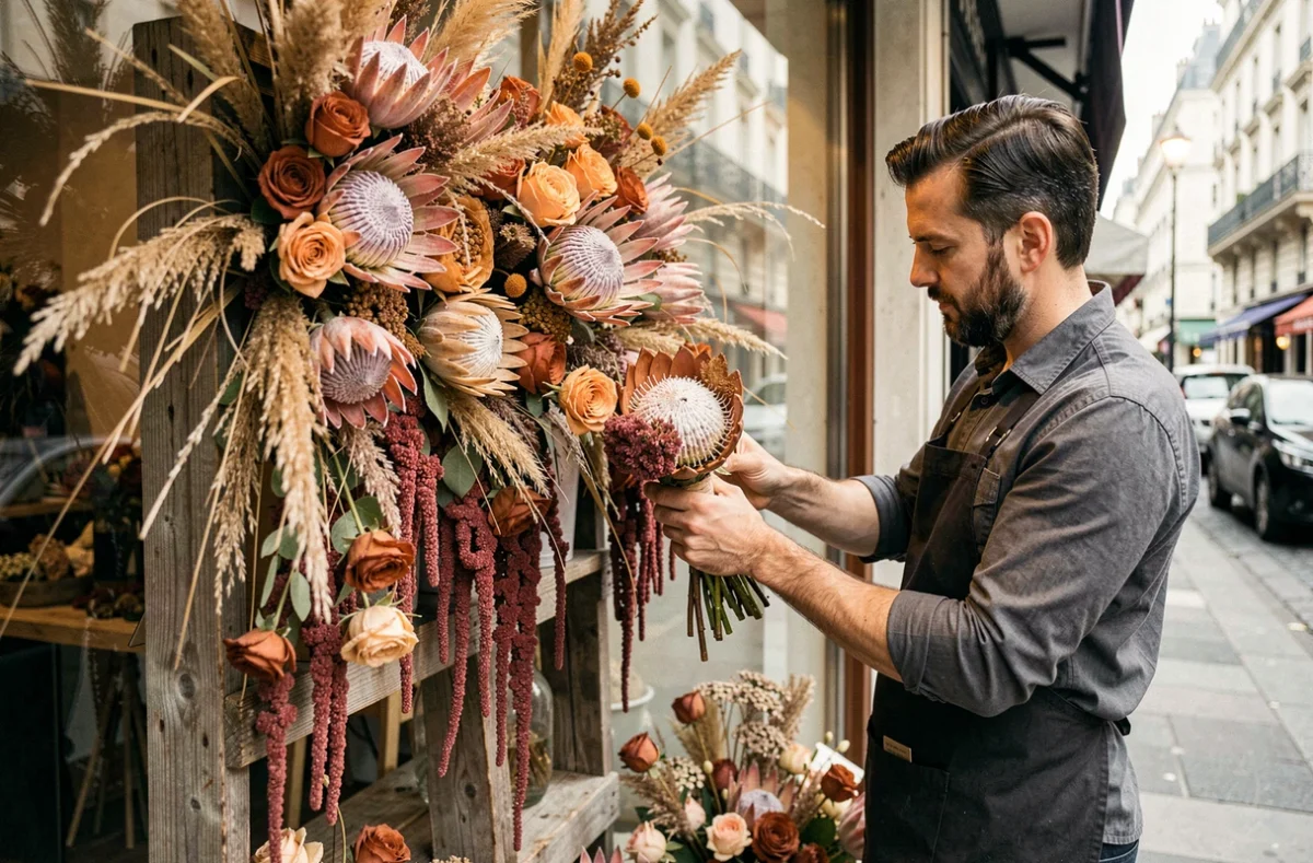 Arrangement floral avant-gardiste de Debeaulieu avec des protéas, graminées séchées et roses dans une vitrine parisienne à l'esthétique botanique