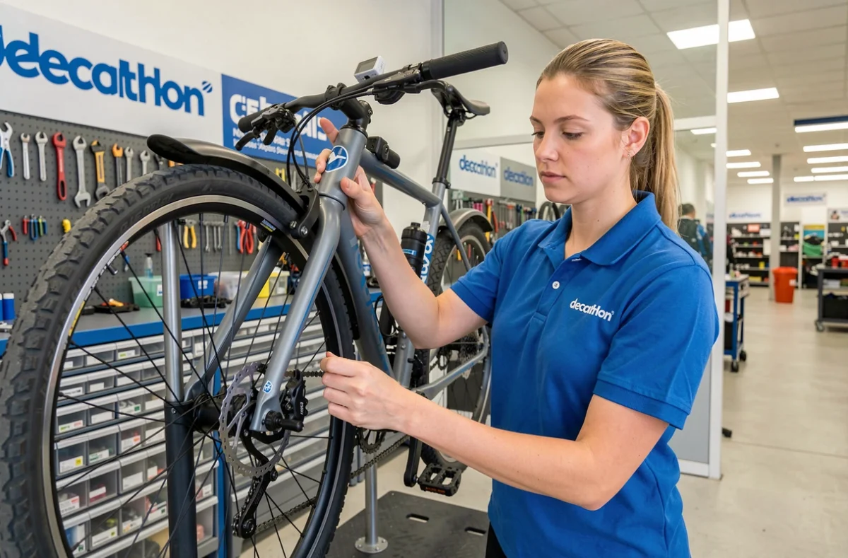 Technicienne Decathlon Nantes Atlantis ajustant le dérailleur d'un vélo de randonnée à Saint-Herblain