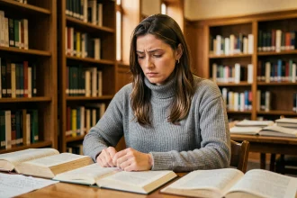Femme studieuse lisant des livres dans une bibliothèque universitaire, illustrant la recherche sur la définition du mot woke