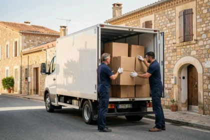 Équipe de déménagement professionnelle chargeant des cartons dans un camion devant des façades en pierre typiques de Charente-Maritime