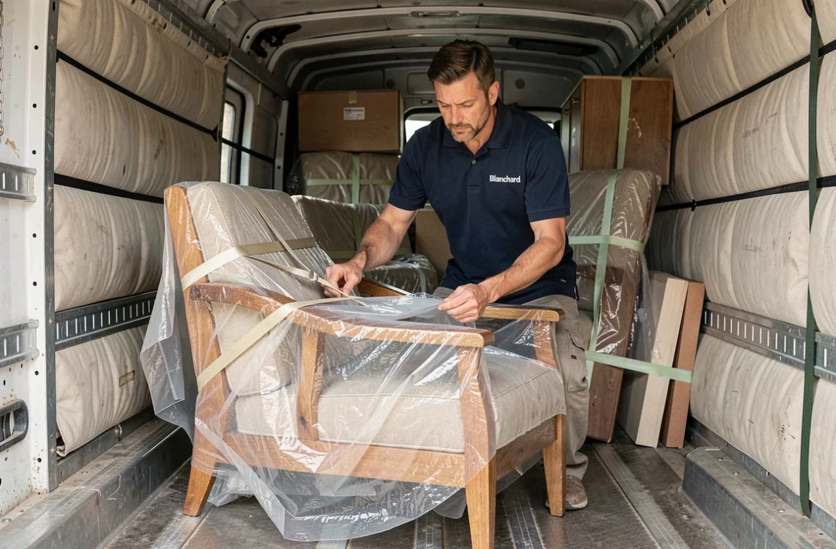 Déménageur de l'entreprise Blanchard emballant soigneusement un fauteuil en bois dans une couverture de protection à l'intérieur d'un camion de déménagement
