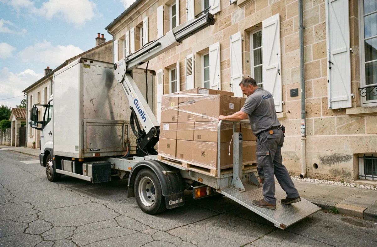 Déménageur de l'entreprise Guelin utilisant une plateforme élévatrice hydraulique pour charger des cartons devant un immeuble en pierre de Charente-Maritime