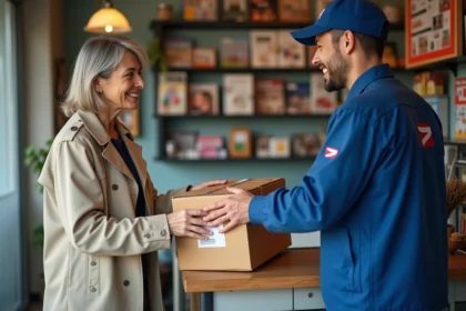 Femme déposant un colis Colissimo au comptoir d'un point de dépôt en tabac-presse avec un agent La Poste