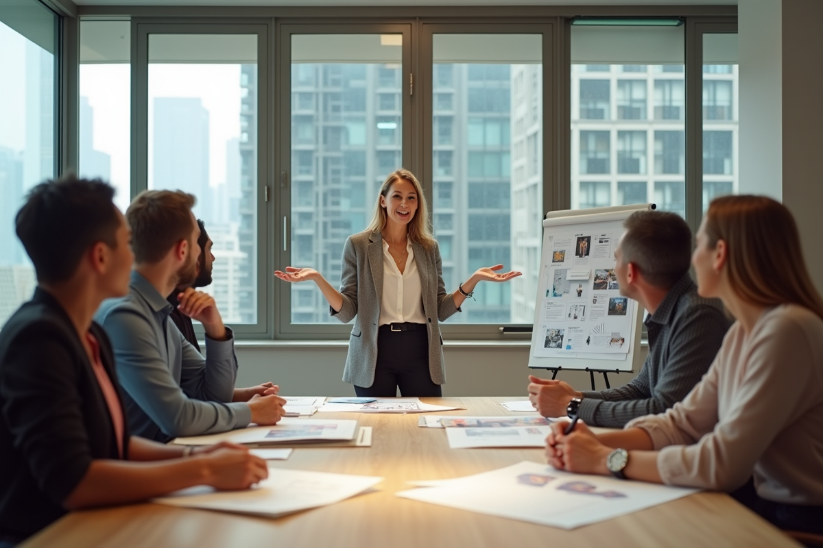 Designer mature présentant un moodboard à une équipe dans une salle lumineuse