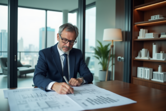 Homme d affaires en costume bleu examine des plans de construction