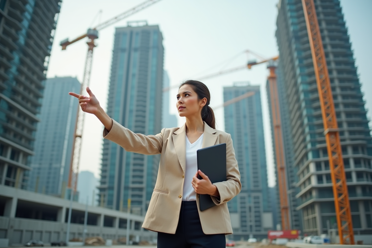 Femme développeuse immobilière sur un site de construction