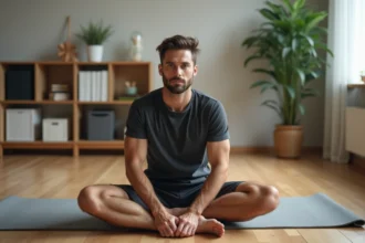 Homme souple faisant un étirement profond dans un salon
