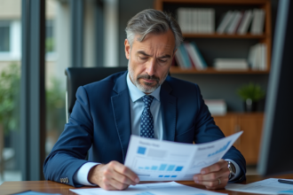 Economiste homme en costume bleu dans un bureau professionnel