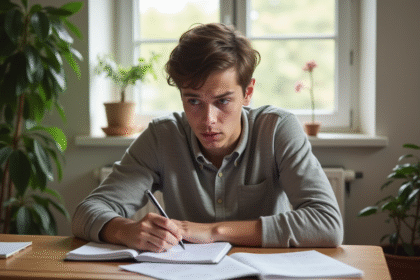 Étudiant confus étudiant français à son bureau lumineux