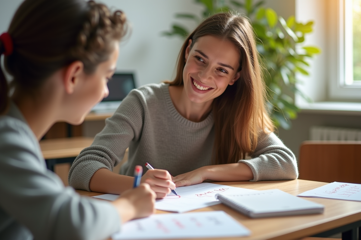 Professeur souriant corrigeant un exercice en classe ensoleillee