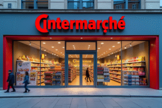 Vitrine d'un Intermarché moderne avec logo visible en plein jour