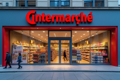 Vitrine d'un Intermarché moderne avec logo visible en plein jour
