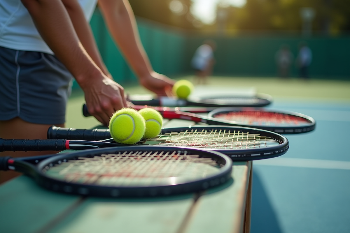 Entraîneur et débutant examinant des raquettes de tennis en extérieur